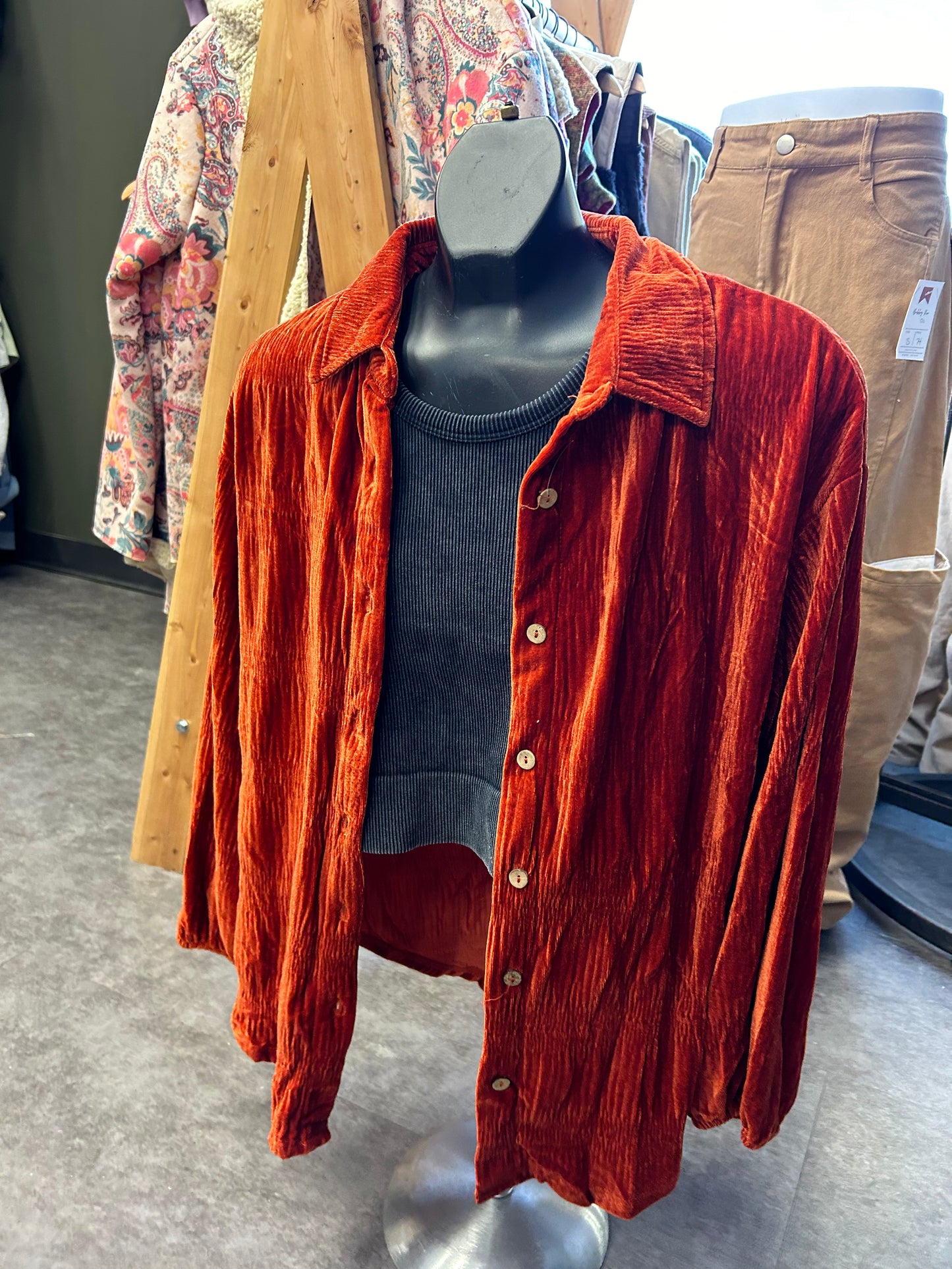 Velvet Crinkle Button Down