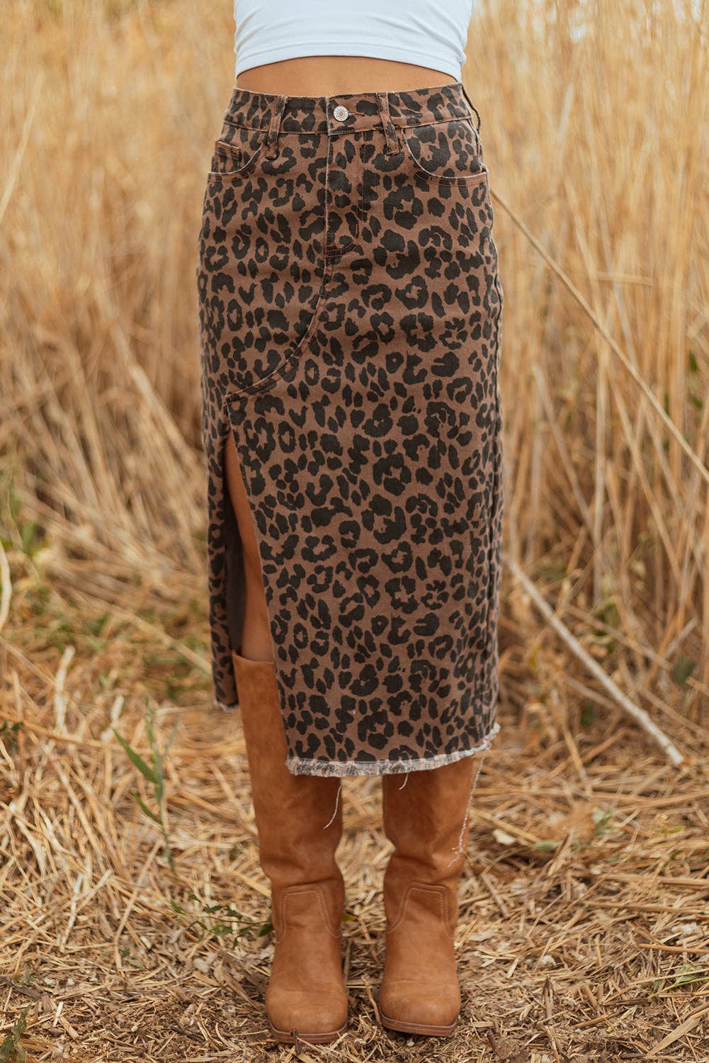 Leopard Denim Midi Skirt