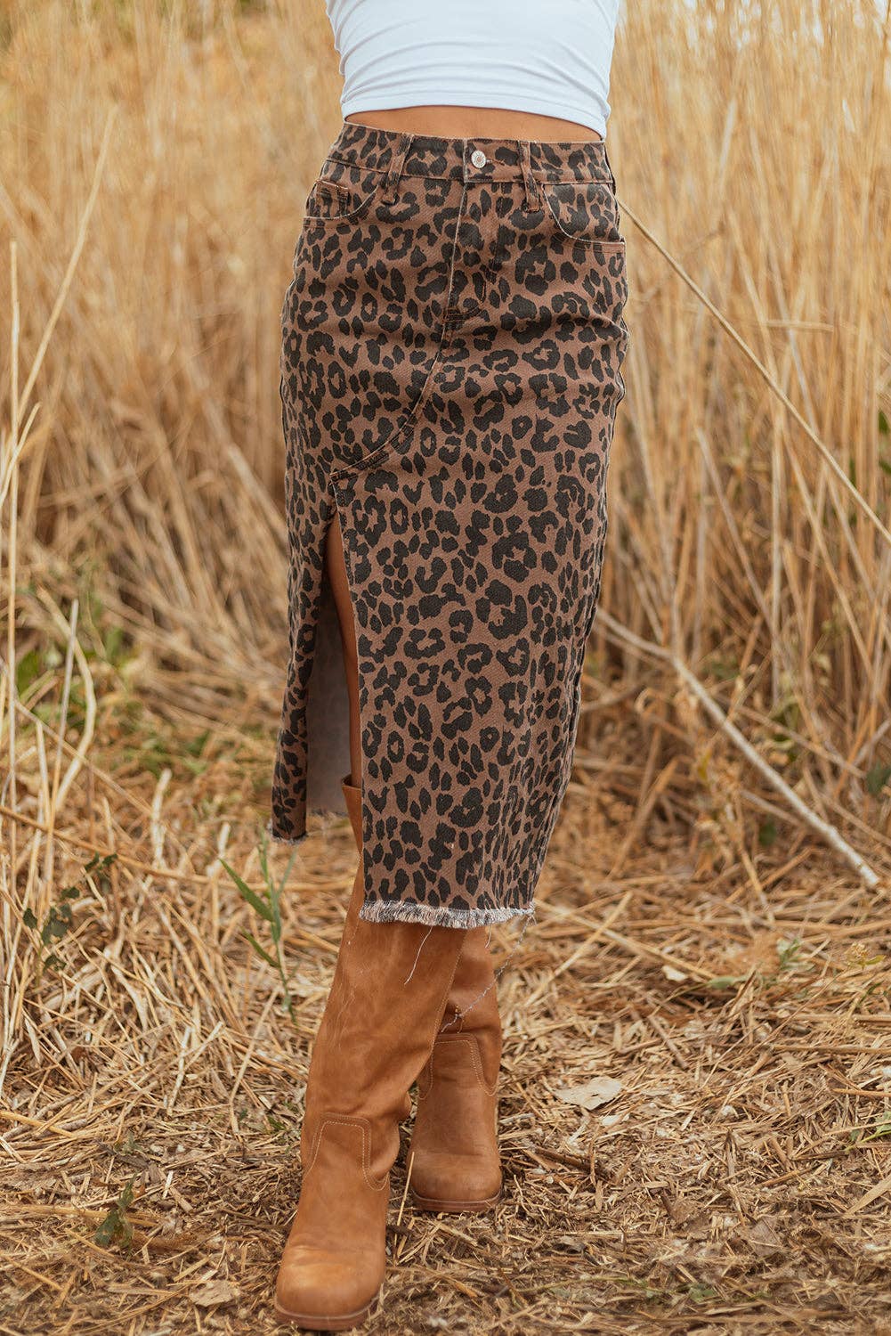 Leopard Denim Midi Skirt