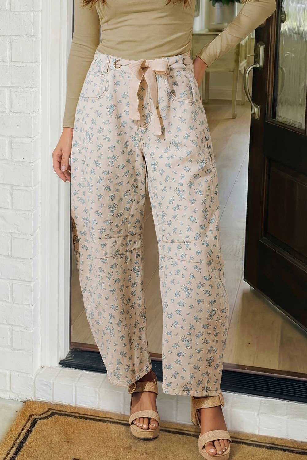 Floral Tie Barrel Jeans
