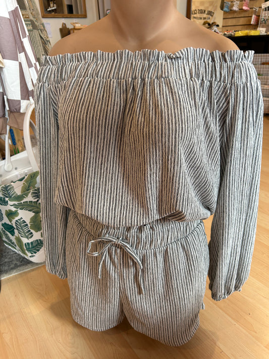 Striped Short and Shirt Set - Off the Shoulder