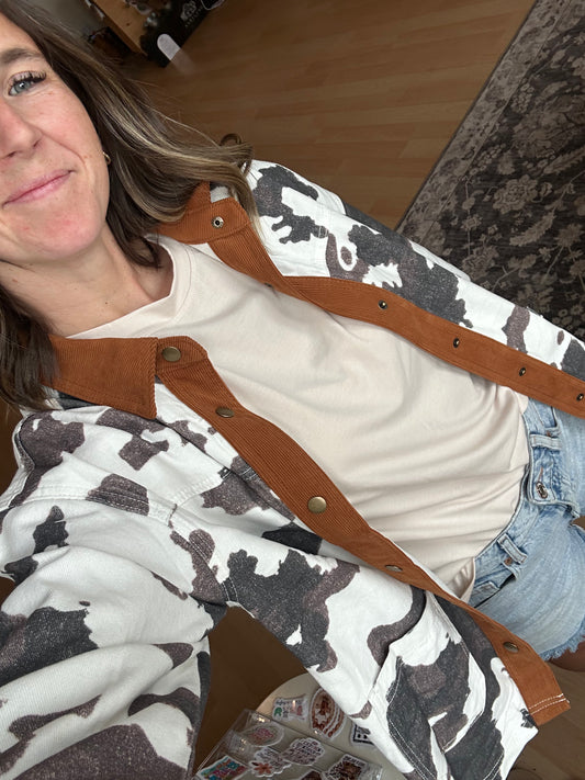 Cow Print Button Up Denim Jacket